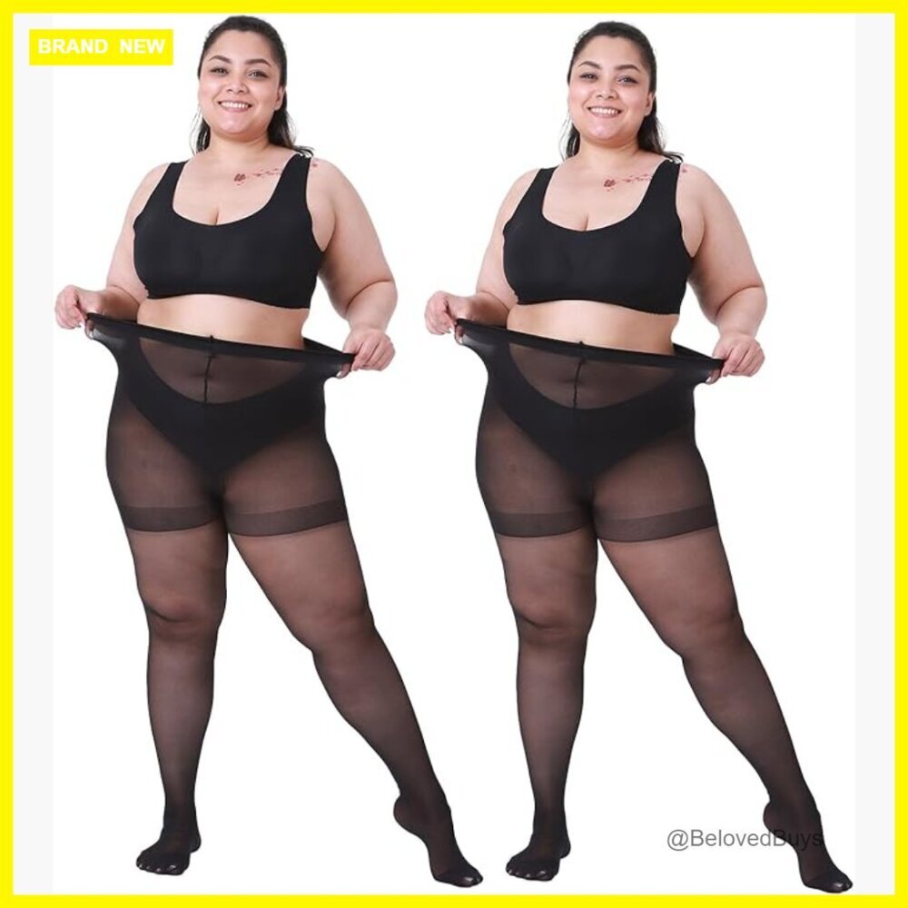 Plus Size Sheer Control Top Tights 2-Pack Reinforced Toe Waistband